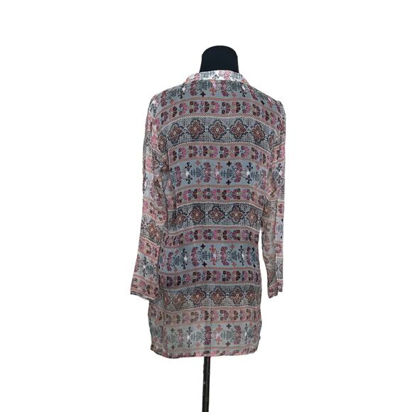 Language sheer print v neck 3/4 sleeves tunic blouse size Small - Picture 2 of 9